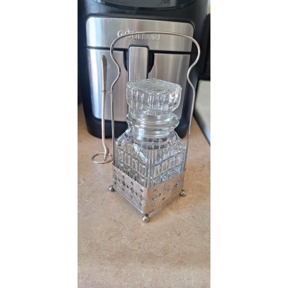 Antique Square Glass Pickle Castor Silver Plated w/Fork Condiments Olives-